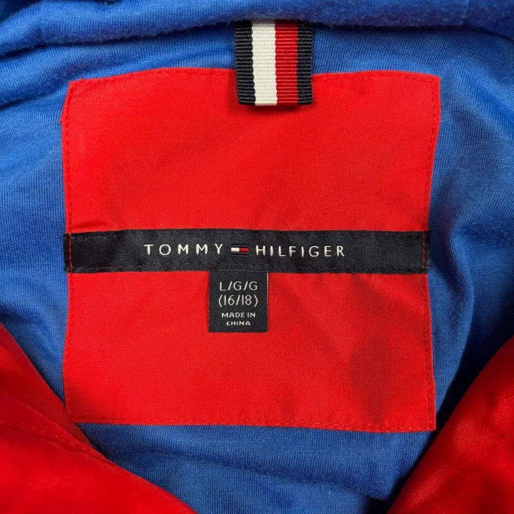Tommy Hilfiger Boys Red Hooded Windbreaker Jacket Large 16/18 Logo Sleeve Zip Up